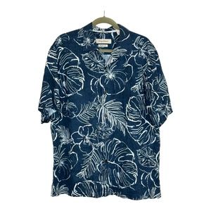 Tommy Bahama Silk Blend Original Fit Shirt L Blue White Leaves Casual Travel